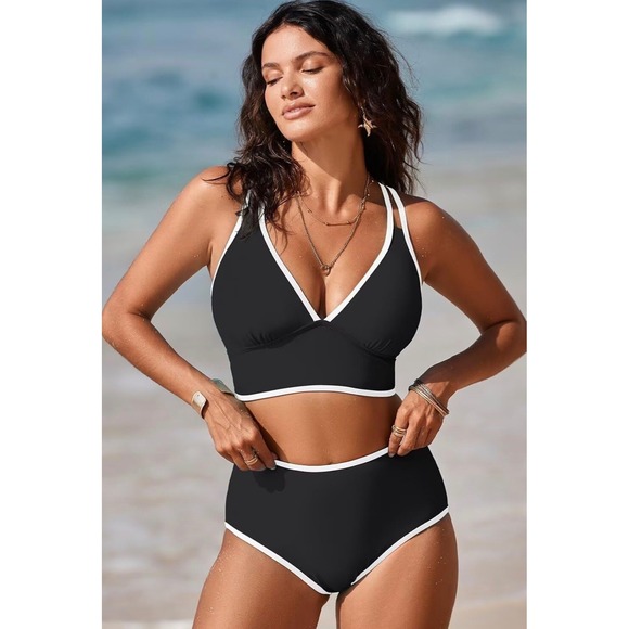 Dokotoo Other - Dokotoo Womens Black White Contrast Trim High Waisted Bikini Set NWT